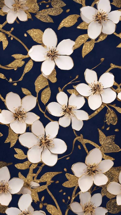 深靛蓝色背景上，点缀着金色樱花的精致花卉图案。