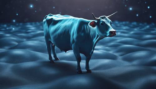 一幅超現實的圖像，一頭太妃糖藍色的牛漂浮在黑暗的太空中。