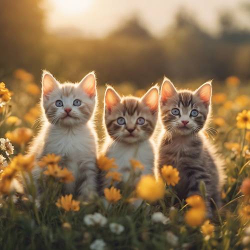 Un grupo de gatitos retozando alegremente en un campo de flores frescas de primavera durante la hora dorada.