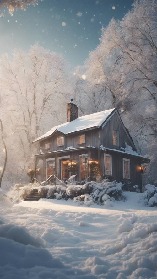 A cozy cottage amidst a snowy woodland with 'Gratitude turns what we have into enough' etched in the sky.