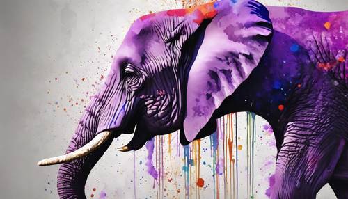 Un pezzo astratto di un elefante viola con effetto acquerello, che si fonde giocosamente in un tocco di colori sulla tela.