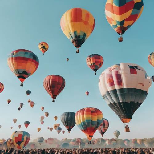 Un festival de montgolfières avec des ballons lumineux et colorés dans un ciel bleu clair.