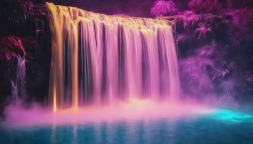 Ein glitzernder Wasserfall, der in eine Pfütze aus schimmerndem Neonrauch stürzt.