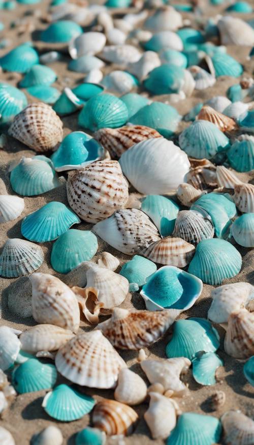 Un motif de coquillages turquoise dispersés sur la plage.