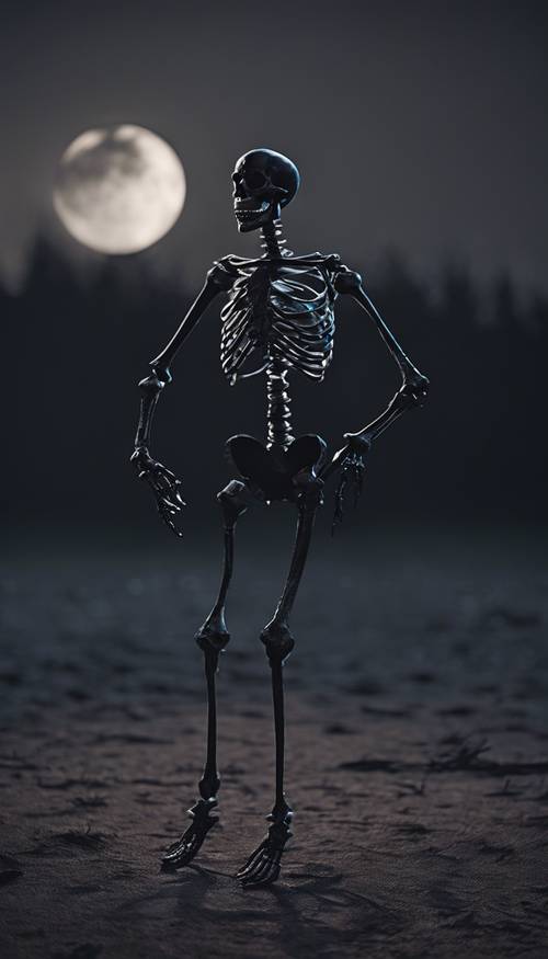 Ay ışığında tek başına dans eden siyah, gölgeli bir iskelet.