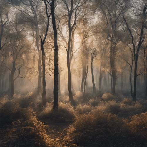 Mistyczny szary las o świcie, mieniący się złotym światłem, zamieszkały przez rzadkie i magiczne stworzenia, które właśnie stają się widoczne.