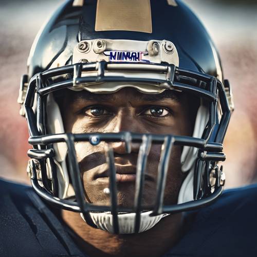 Eine Nahaufnahme des entschlossenen Gesichts eines American-Football-Spielers, der den Helm aufsetzt und seine Augen auf das Spiel gerichtet hält.