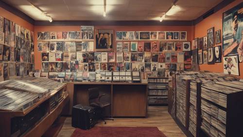 Toko kaset dari tahun 70an dengan poster musik vintage di dinding.