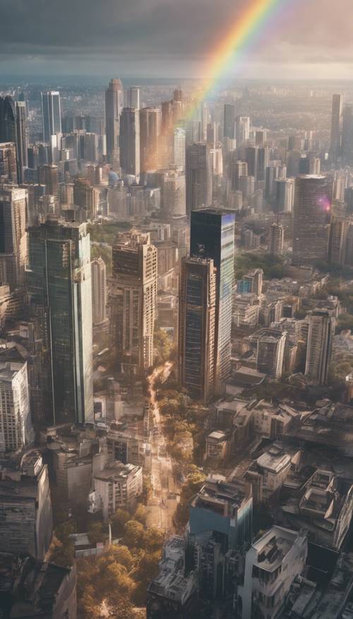 ทิวทัศน์เมืองจากมุมสูงพร้อมตึกระฟ้าใต้สายรุ้งในเมืองสีกลางอันงดงาม