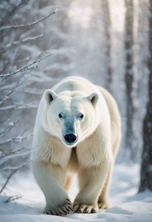 Kutup ayıları karlı beyaz ormanlık alanı keşfediyor