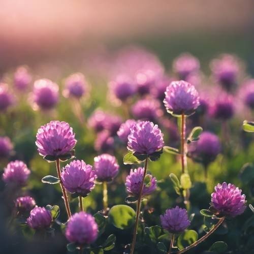 粉紅色和紫色的三葉草在早晨的陽光下綻放，上面沾滿了露珠。