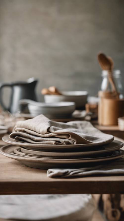 Folded linen napkins of various earth tones in a farmhouse kitchen.