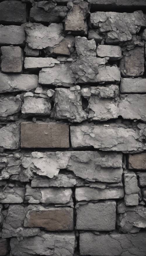 Un mur de briques noires et grises en ruine.