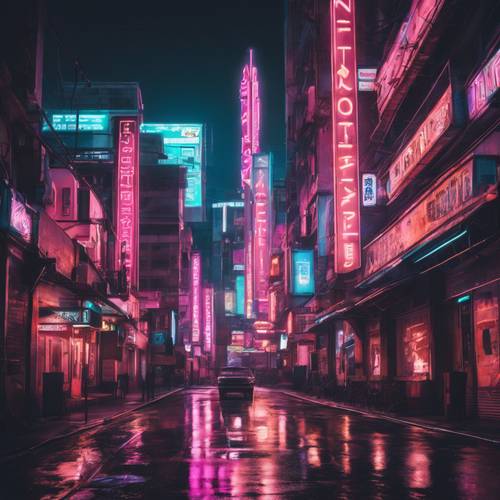 Kota dengan lampu neon bergaya neo-noir yang mirip dengan latar cyberpunk.