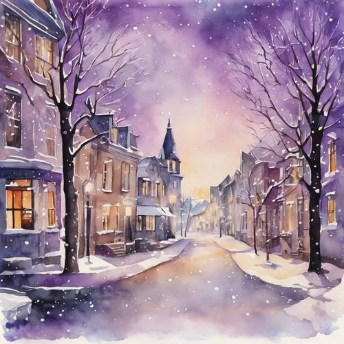 Ein Aquarell eines verschneiten Tages in einer malerischen Kleinstadt mit violetten Akzenten, um Weihnachtsdekorationen darzustellen.