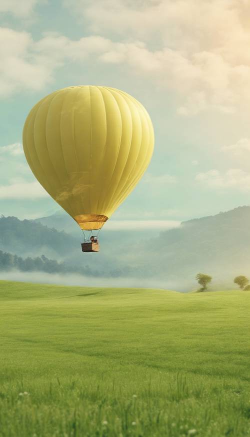 一只淡黄色的热气球滑翔在广阔的绿色草地上。