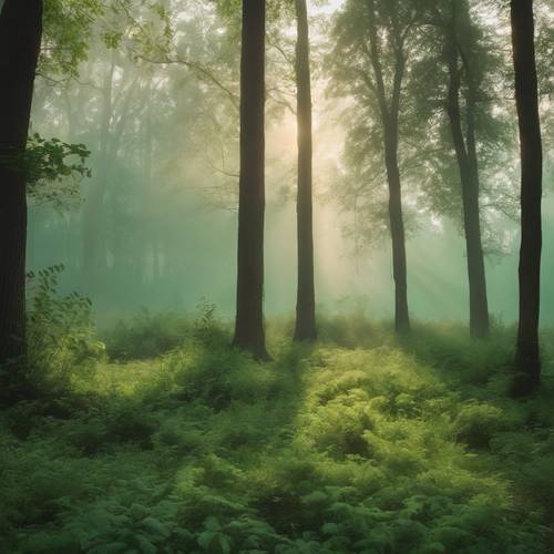 ערפל ירוק בהיר עדין מכסה יער עם שחר.