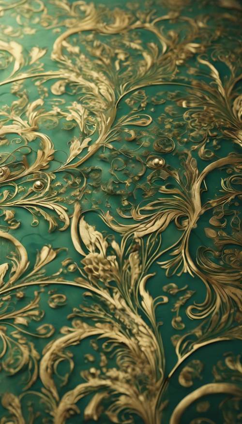 Mélange doux de motifs verts riches et dorés créant une toile homogène et luxueuse.