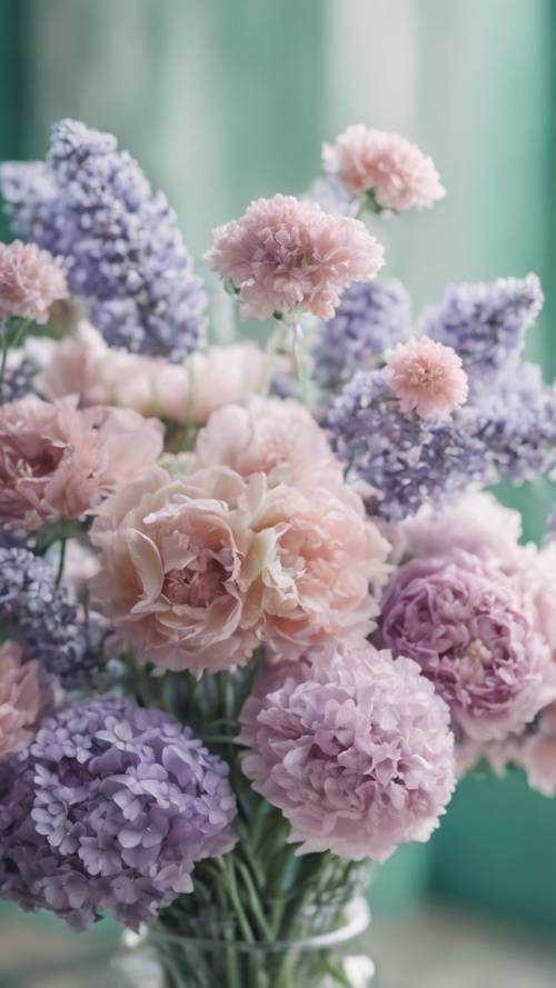 Bukiet kwiatów w różnych pastelowych odcieniach, takich jak lawenda, różowy i miętowy.