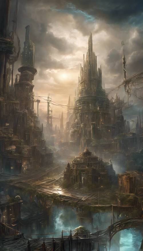 Ponure, dystopijne miasto fantasy pod groźnym, burzliwym niebem.