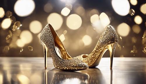 Diamond encrusted gold metallic high-heeled shoes under spotlight.
