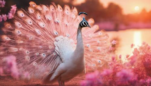 Un magnifique paon blanc prenant son envol pendant un coucher de soleil vibrant peignant le ciel en rose et orange.