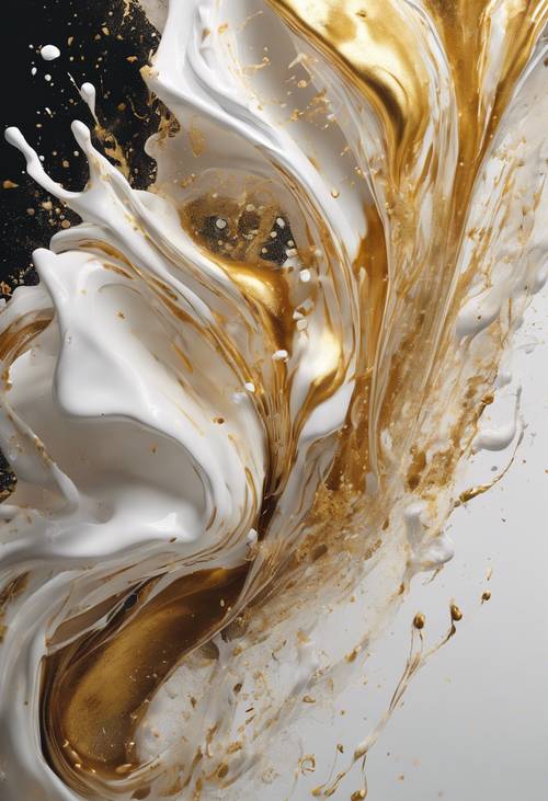 An abstract painting of splashes and swirls in white and gold