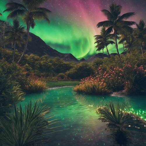 A whimsical and surreal landscape of tropical floral under northern lights.
