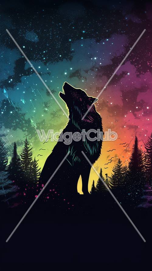 Cielo notturno colorato e silhouette di lupo