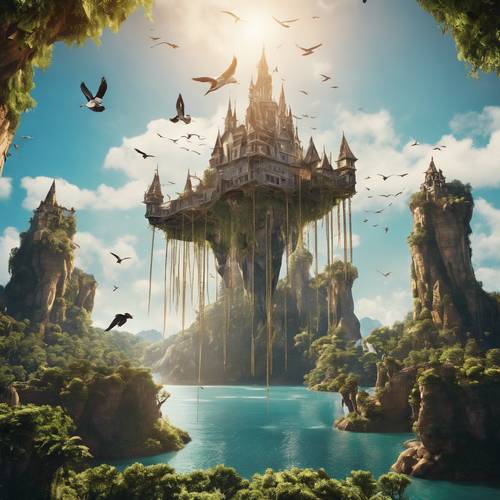 A fantasy island floating in the sky held aloft by massive chains, with tall spires, waterfalls cascading into the sky, and birds flying around.