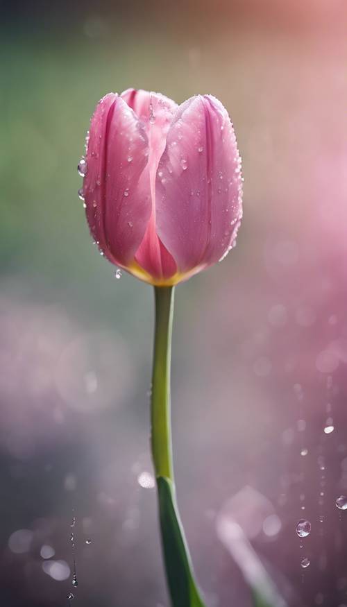 Tampilan jarak dekat dari bunga tulip merah muda dengan tetesan embun pagi di kelopaknya.