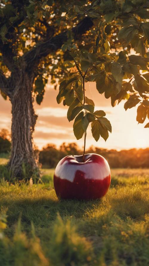 A massive, well-crafted sculpture of an apple sitting in a grassy field with a vivid sunset in the background.