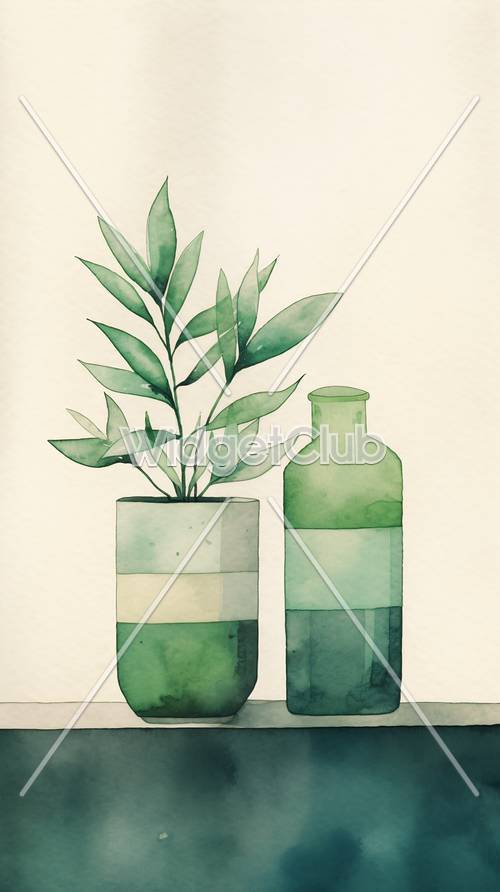 Green Plant and Bottles Artwork
