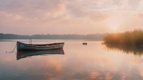 Una pequeña embarcación en un lago sereno al amanecer, con las palabras &quot;Sublime gracia, qué dulce el sonido&quot; resonando en los tonos pastel.