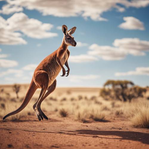 Seekor kanguru merah melompat melintasi dataran gersang Australia di bawah langit biru.