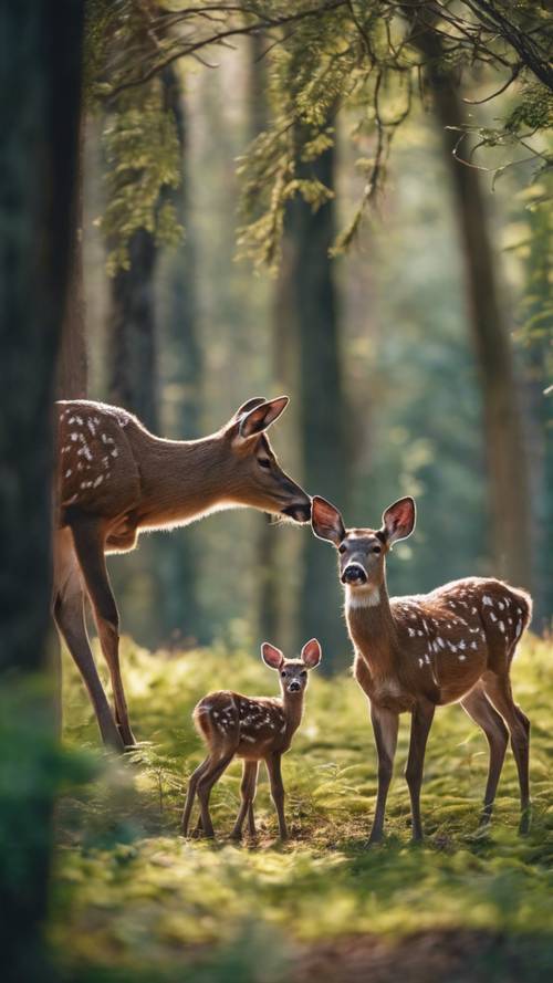 Eine Hirschfamilie grast ruhig im Herzen eines Waldes und symbolisiert Gelassenheit und Einheit in der Wildnis.