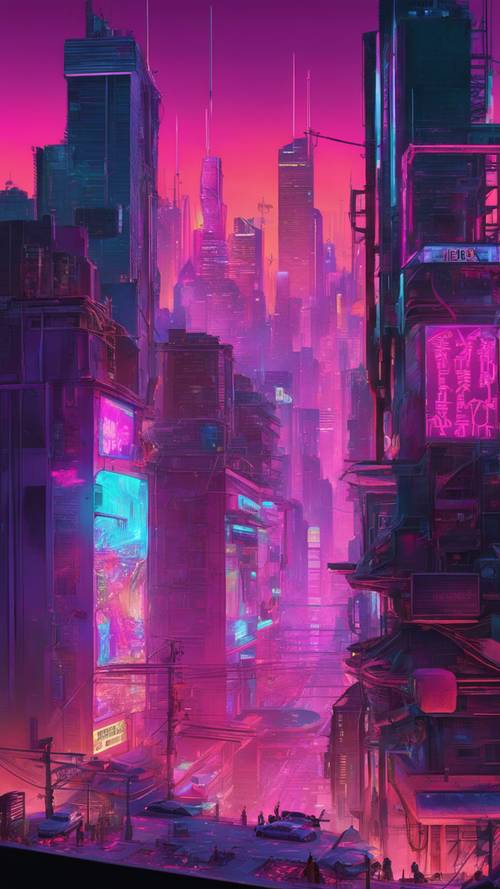 Pemandangan kota yang semarak dan diterangi lampu neon dilihat dari gedung bertingkat tinggi di dunia cyberpunk perkotaan.