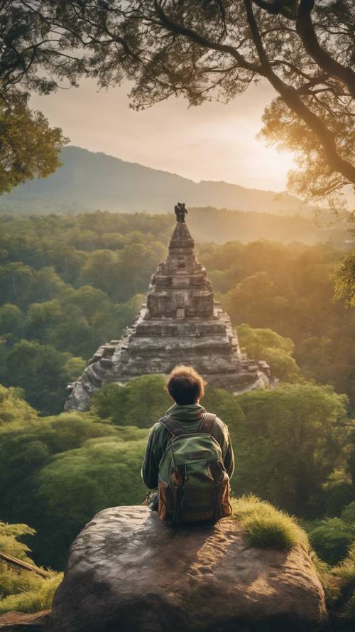 Un viajero con una mochila gastada contemplando el amanecer desde lo alto de un antiguo templo cubierto de musgo.
