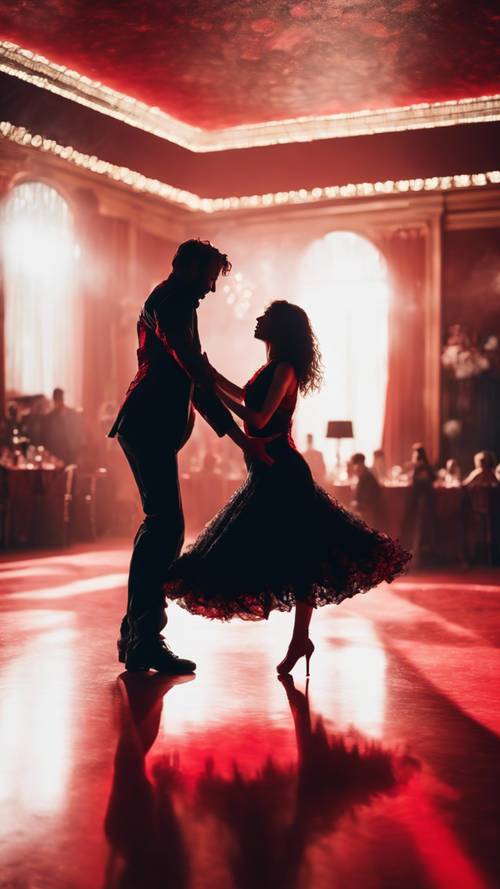 Siluet romantis pasangan menari di ballroom bertema merah dan hitam.