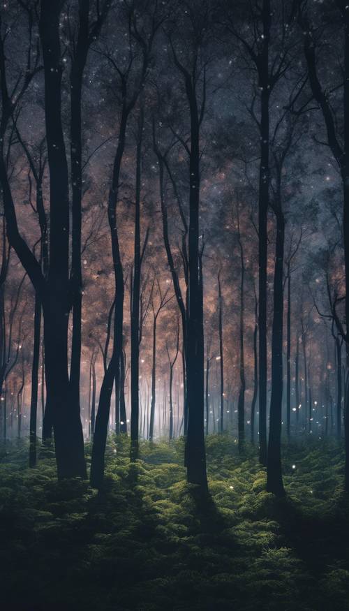 Hutan lebat dengan pepohonan ramping dan metalik memantulkan cahaya bulan, menyerupai dunia futuristik