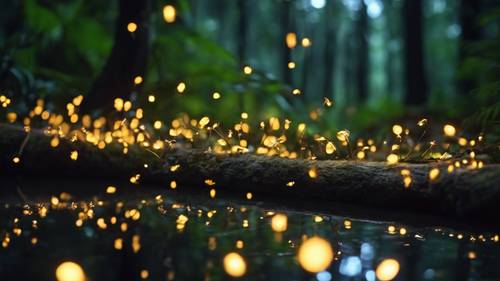 Brightly lit fireflies twinkling in a night scene of the rainforest.
