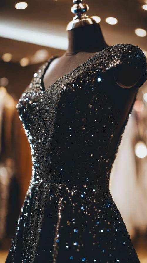 Um close de um lindo vestido preto brilhante em um manequim, refletindo a elegante luz cintilante.