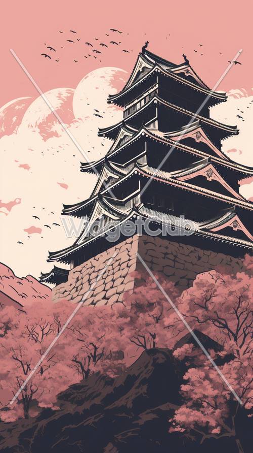 Pink Cherry Blossoms and Black Pagoda Scene