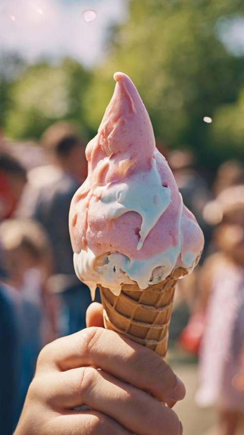 A close-up of a melting ice-cream cone held by a child at a bustling summer fair. Ფონი [f857bfbd3b6c45a49d29]