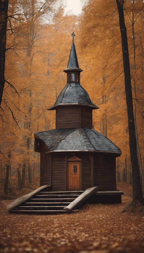 A modest Christian chapel nestled in the middle of a brown autumn forest. کاغذ دیواری [6dd2e707cfd6495295f6]