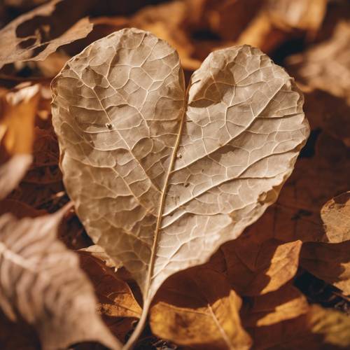 Um close de uma folha bege em forma de coração no outono.