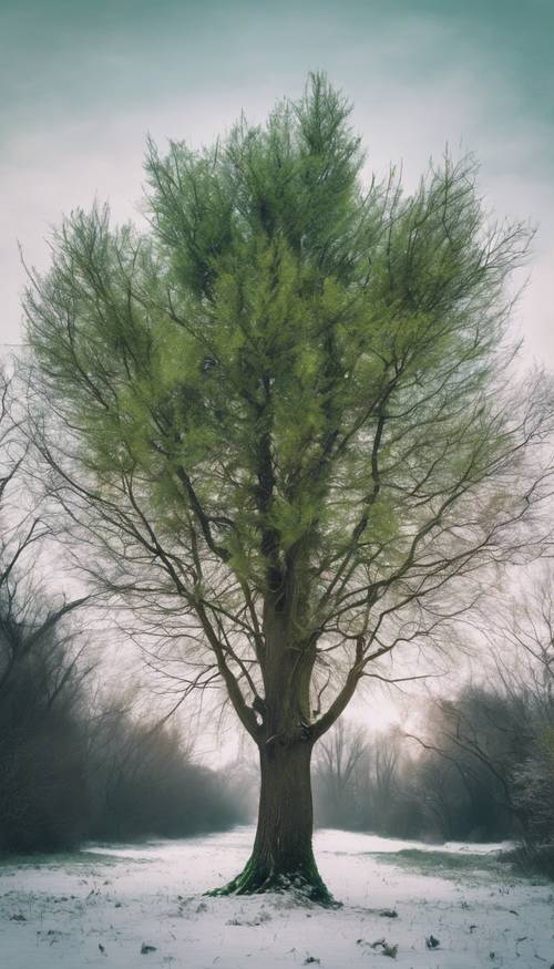 Un arbre vert imposant d’une espèce indiscernable supportant un hiver rigoureux.