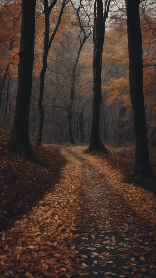 Um caminho que serpenteia por uma floresta sombria e sombria, atapetada de folhas caídas.