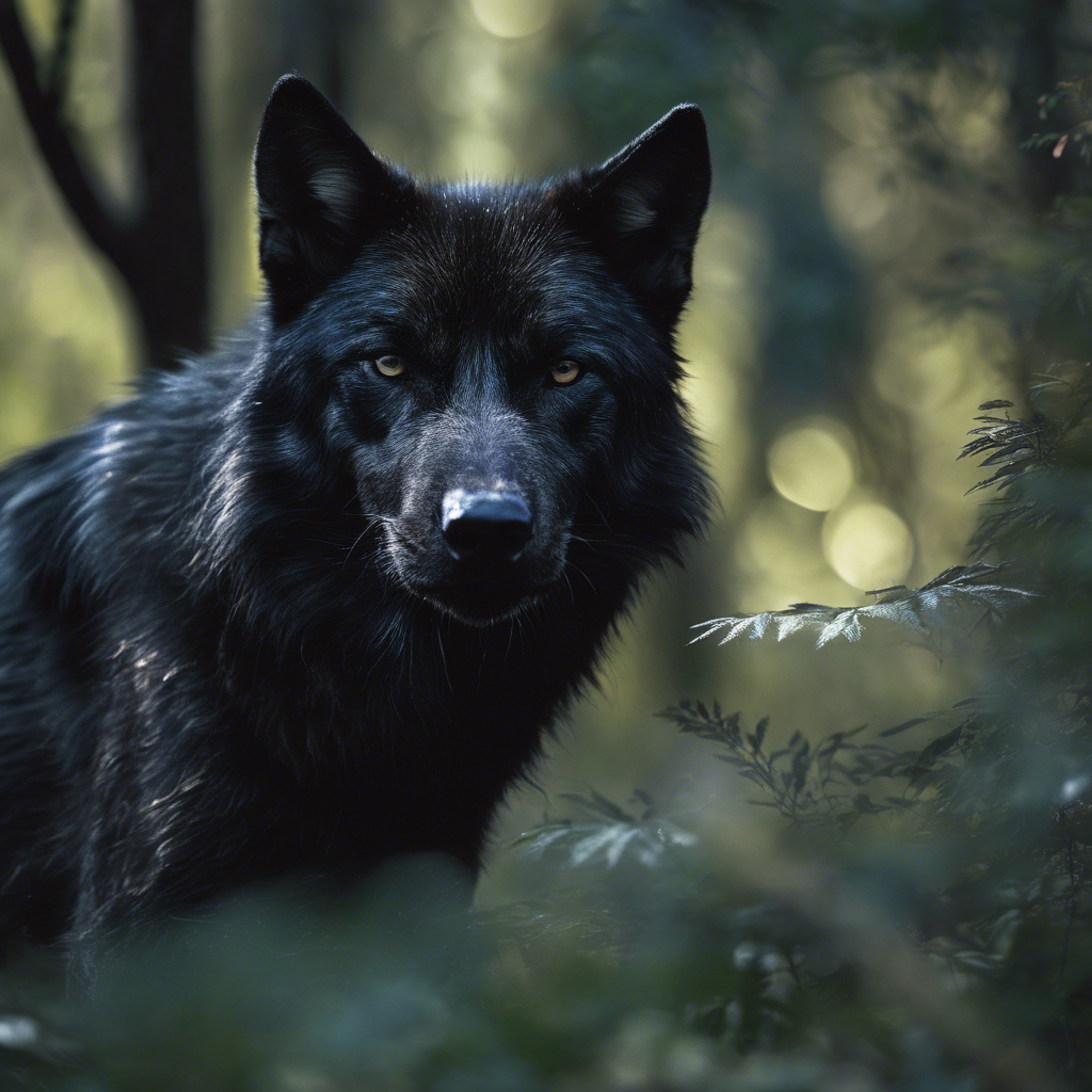 A black wolf camouflaged in the shadowy shades of a dense forest, ready to pounce on prey. Tapeta[8e2c23357bd04da18408]