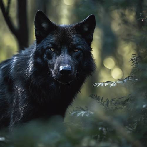 A black wolf camouflaged in the shadowy shades of a dense forest, ready to pounce on prey.